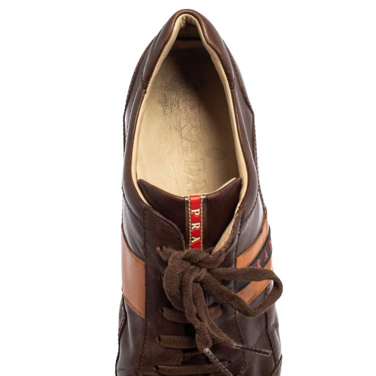 Pre Owned Prada Sport Brown Leather Logo Stripe Low Top Sneakers Size 43