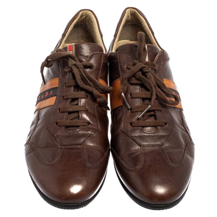 Pre Owned Prada Sport Brown Leather Logo Stripe Low Top Sneakers Size 43