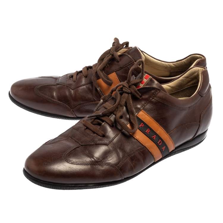 Pre Owned Prada Sport Brown Leather Logo Stripe Low Top Sneakers Size 43