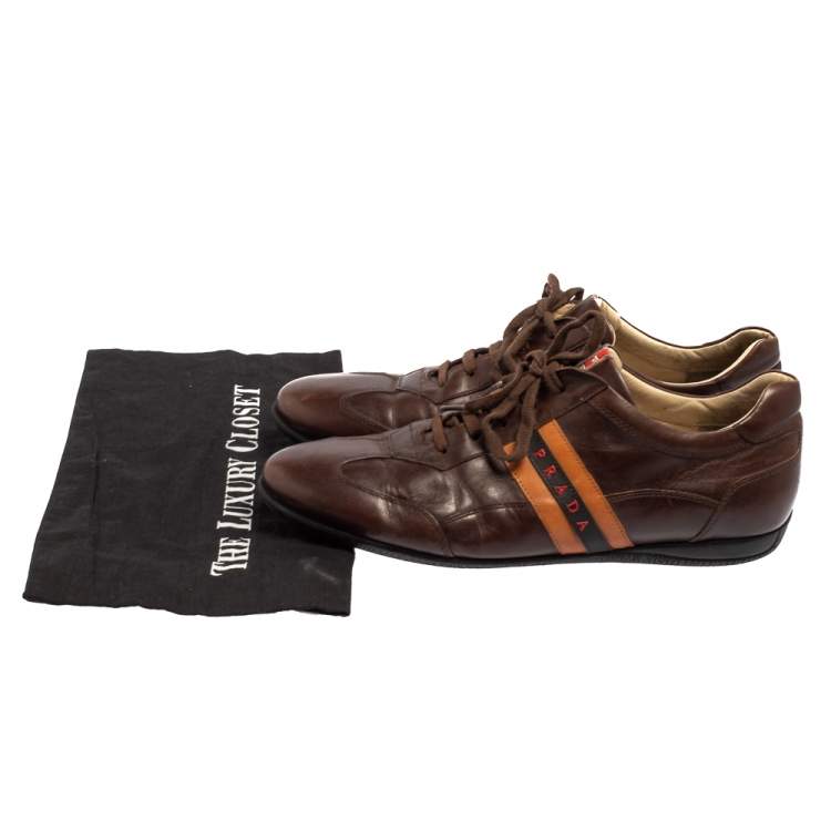 Pre Owned Prada Sport Brown Leather Logo Stripe Low Top Sneakers Size 43