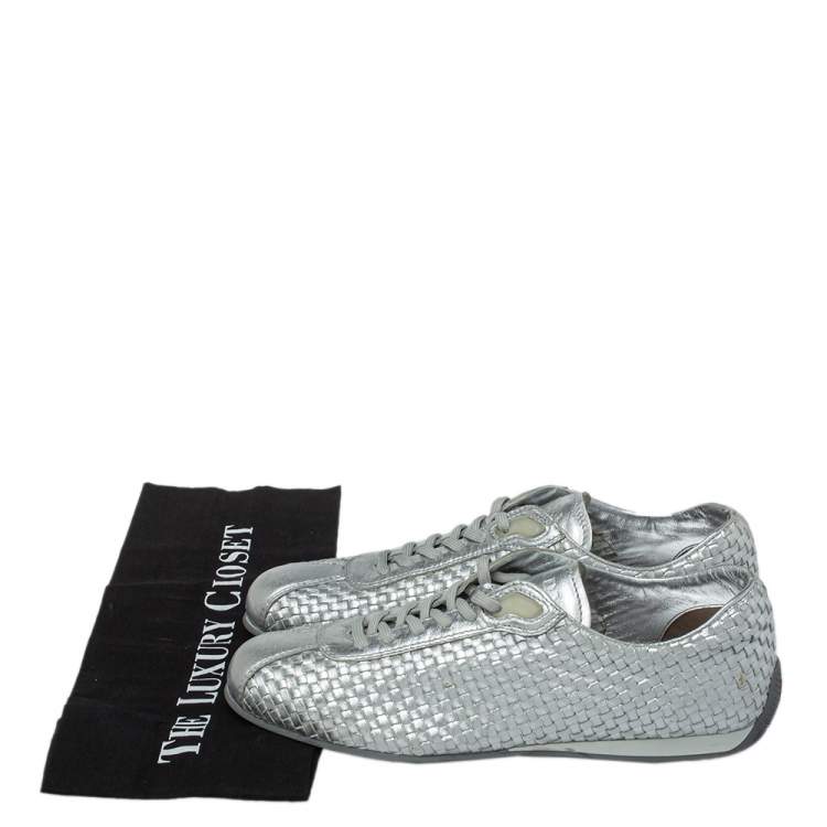 Pre Owned Prada Sport Silver Woven Leather Low Top Sneakers Size 37.5