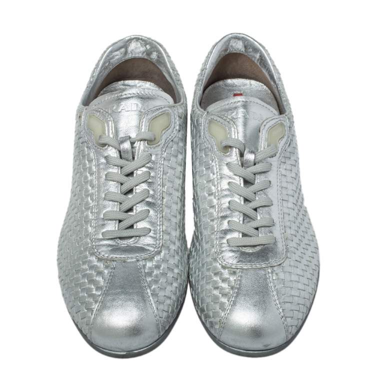 Pre Owned Prada Sport Silver Woven Leather Low Top Sneakers Size 37.5