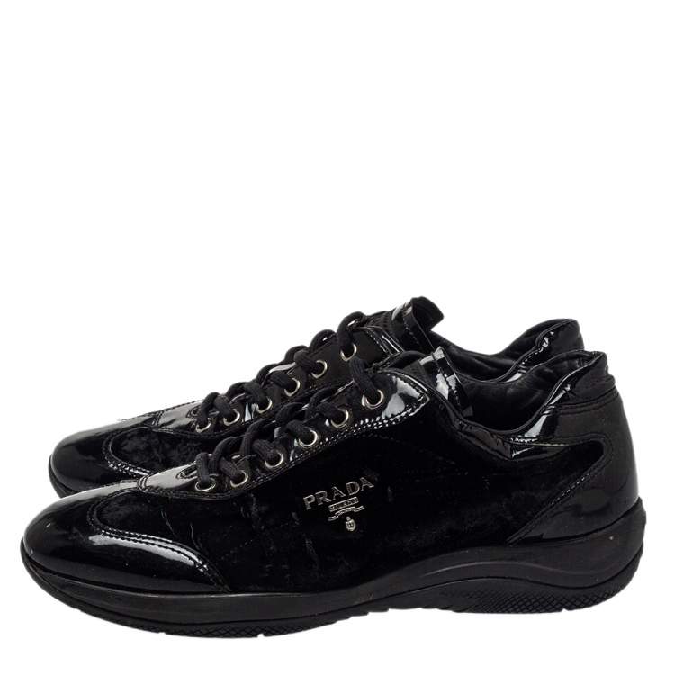 Pre Owned Prada Sports Black Patent Leather And Velvet Low Top Sneakers Size 37