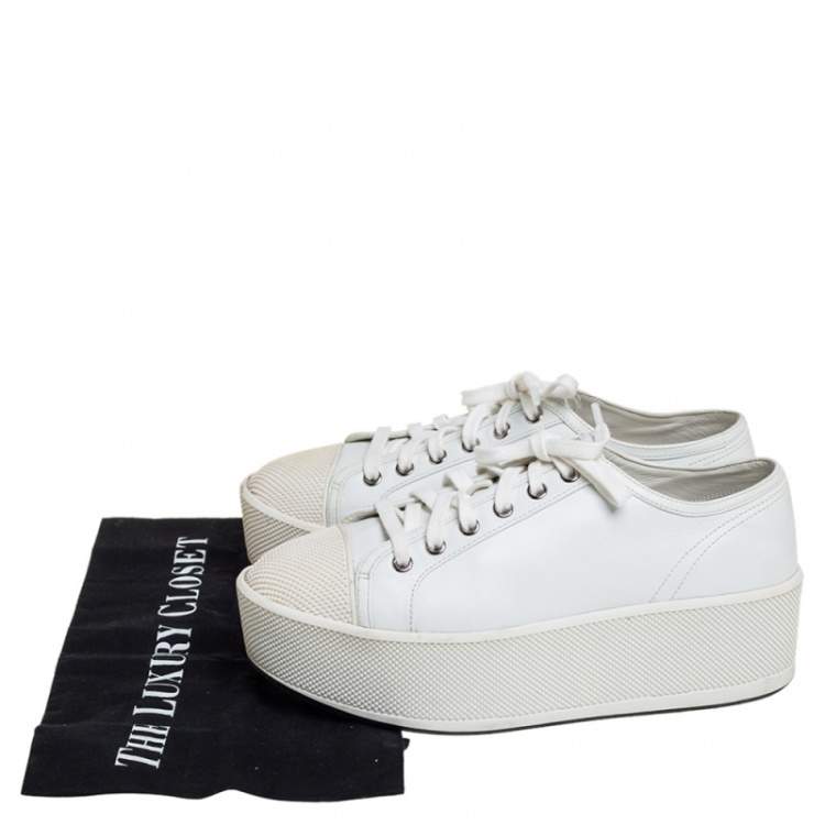 Pre Owned Prada Sport White Leather Platform Low Top Sneakers Size 37