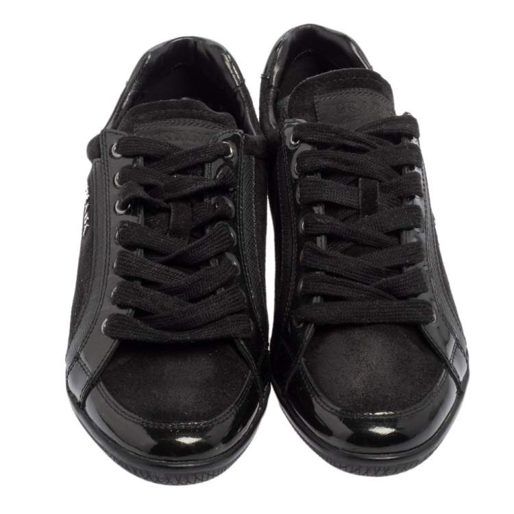 Pre Owned Prada Sport Black Suede And Patent Leather Low Top Sneakers Size 38