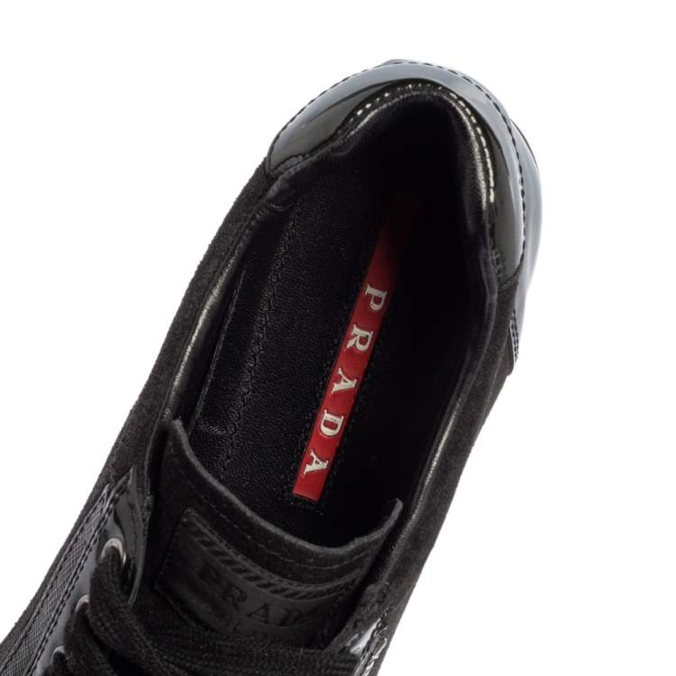 Pre Owned Prada Sport Black Suede And Patent Leather Low Top Sneakers Size 38
