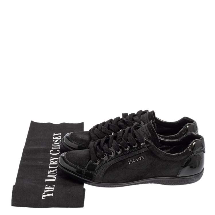 Pre Owned Prada Sport Black Suede And Patent Leather Low Top Sneakers Size 38