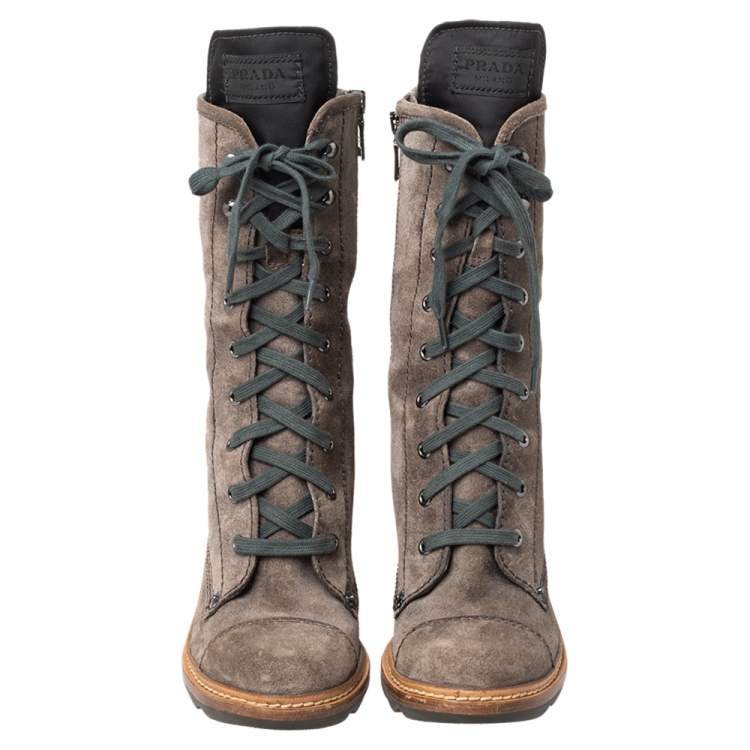 Pre Owned Prada Sport Grey Suede Block Heel Lace Up Mid Calf Boots Size 37.5