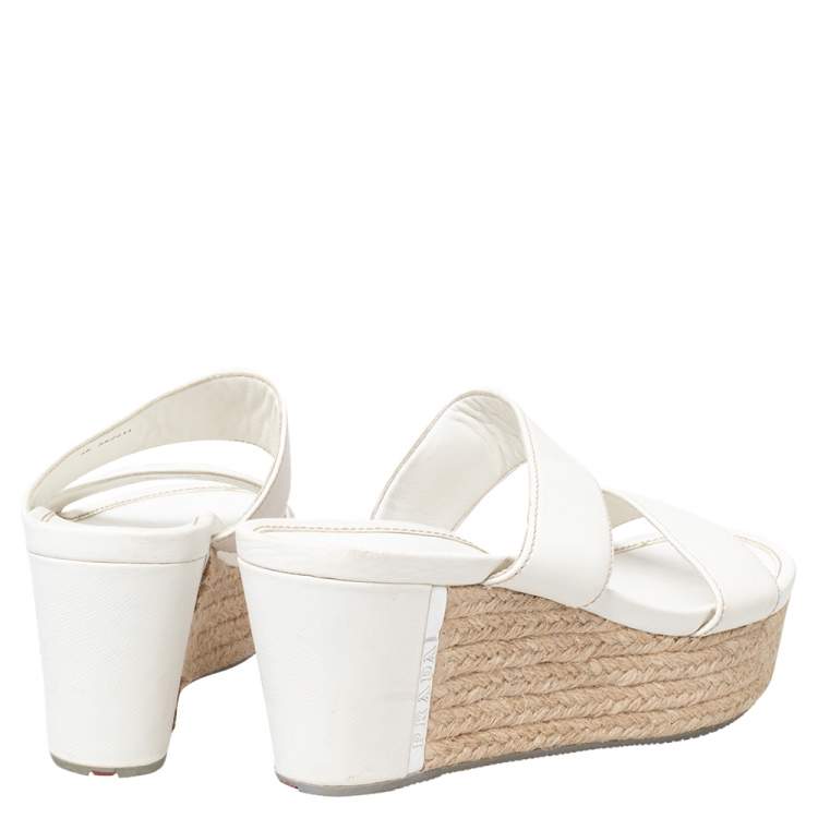 Pre Owned Prada Sport White Leather Espadrille Platform Slide Sandals Size 40