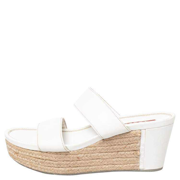Pre Owned Prada Sport White Leather Espadrille Platform Slide Sandals Size 40