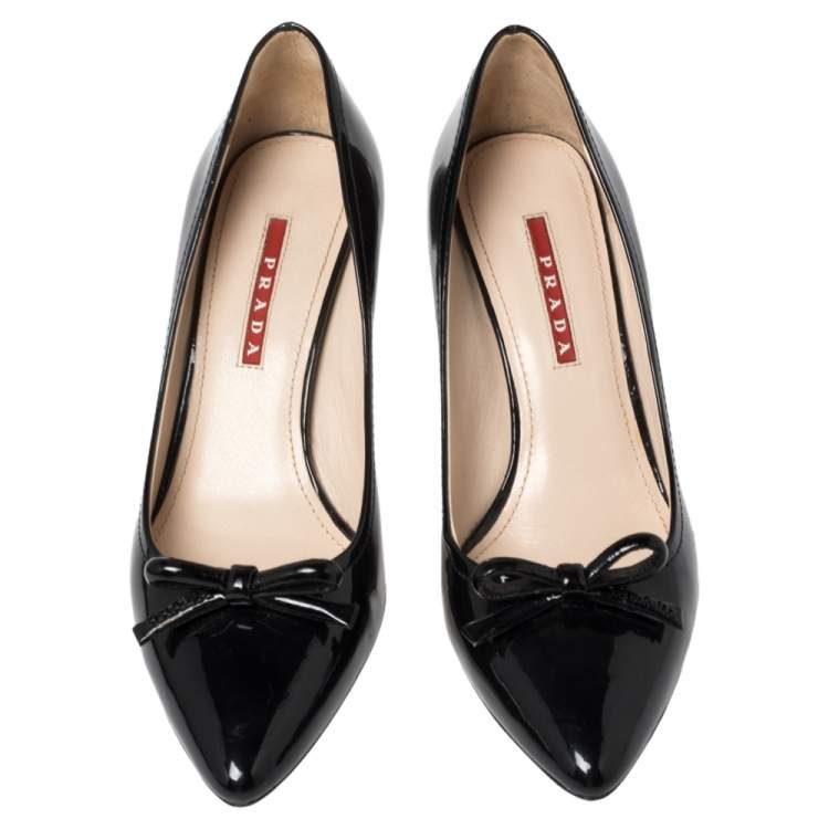 Pre Owned Prada Sport Black Patent Leather Bow Pointed Toe Pumps Size 37.5 