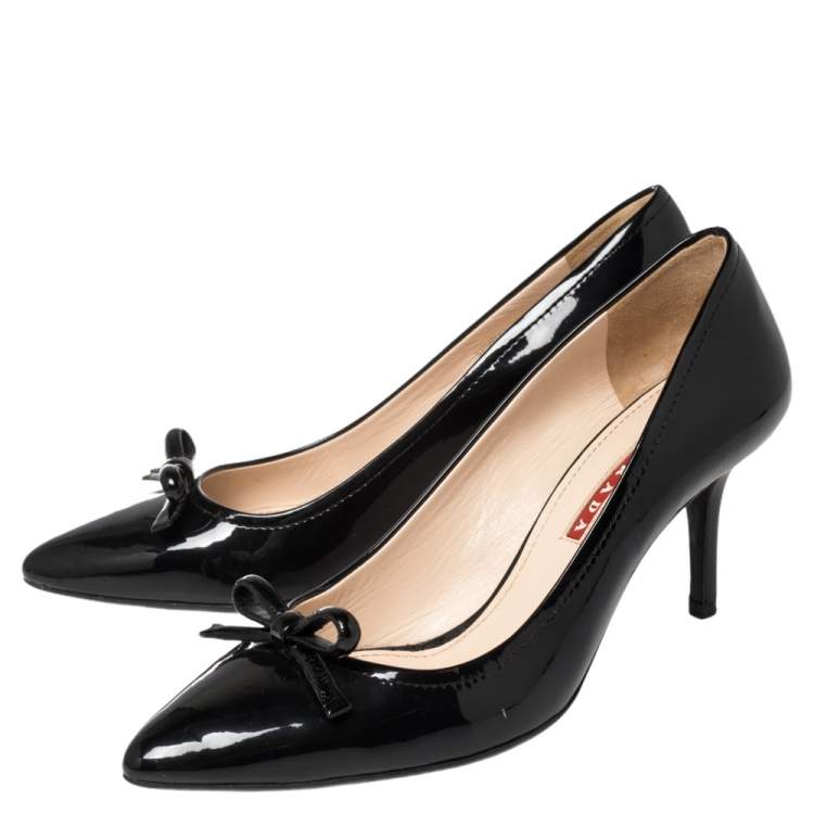 Pre Owned Prada Sport Black Patent Leather Bow Pointed Toe Pumps Size 37.5 