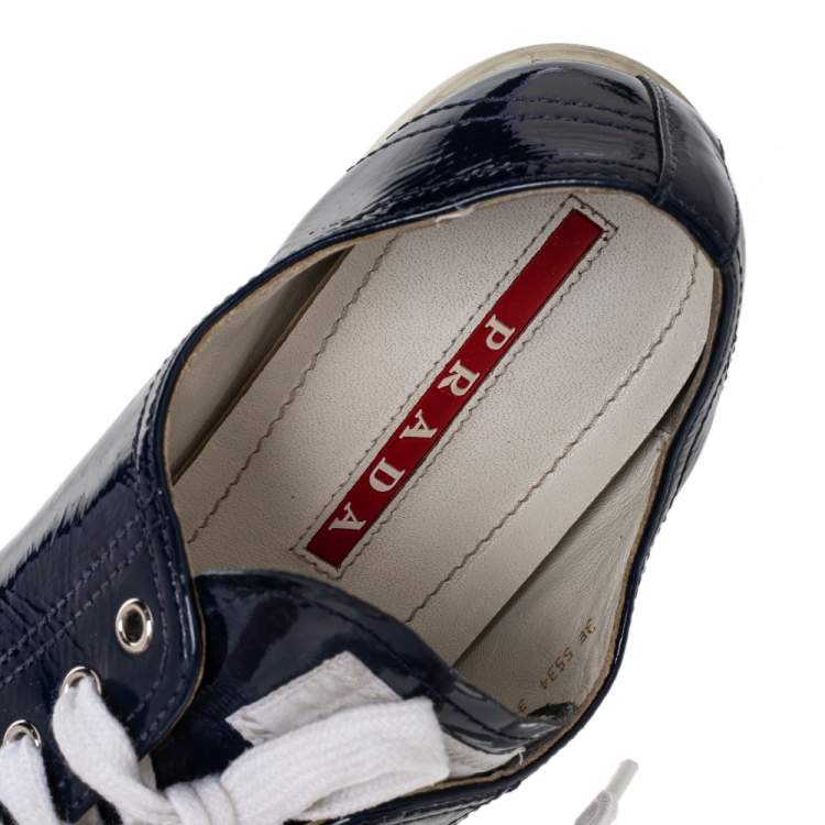Pre Owned Prada Sport Blue Patent Leather Low Top Sneakers Size 39.5