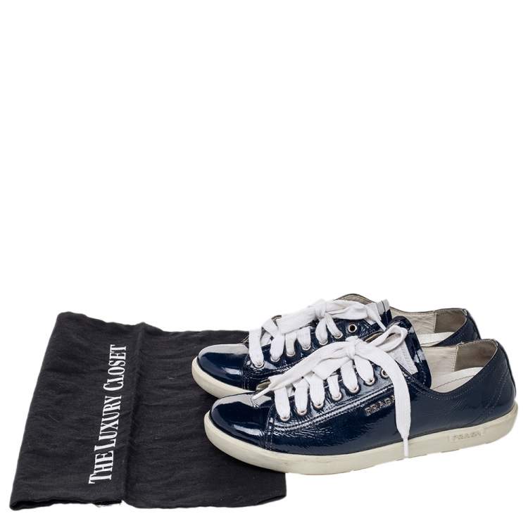 Pre Owned Prada Sport Blue Patent Leather Low Top Sneakers Size 39.5