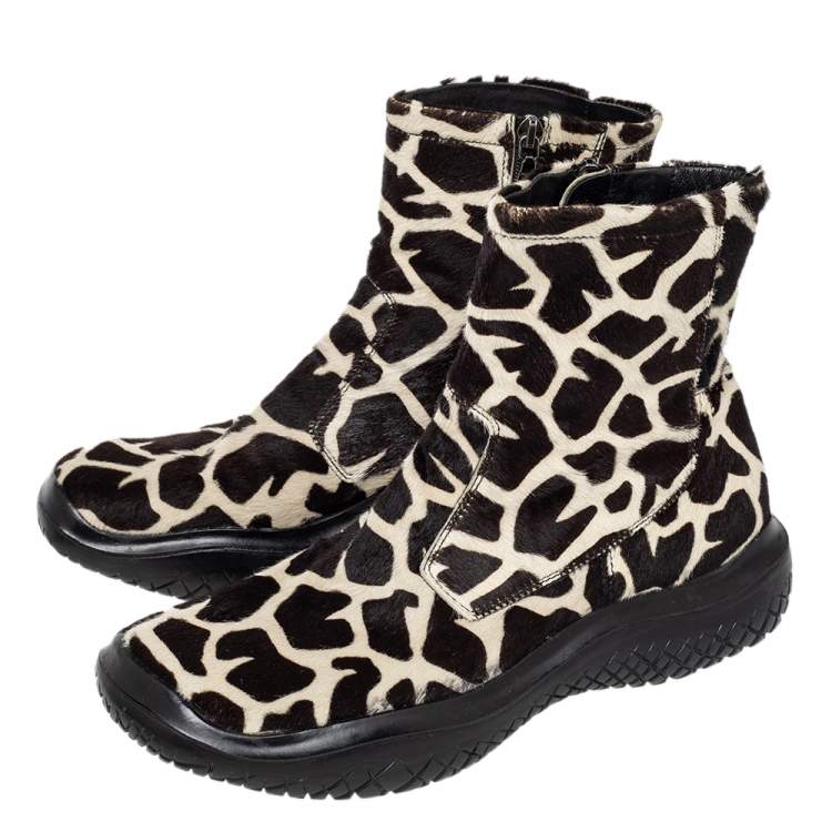 Pre Owned Prada Sport Brown/White Leopard Print Calf Hair High Top Sneakers Size 39