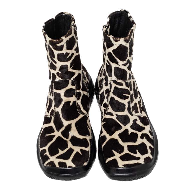 Pre Owned Prada Sport Brown/White Leopard Print Calf Hair High Top Sneakers Size 39