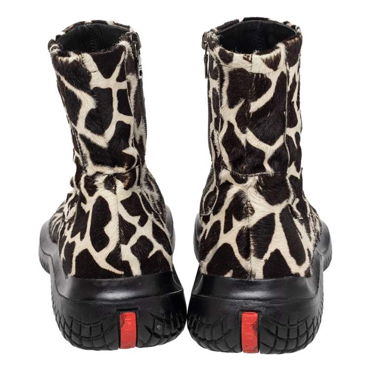 Pre Owned Prada Sport Brown/White Leopard Print Calf Hair High Top Sneakers Size 39