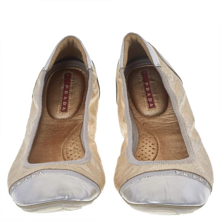 Pre Owned Prada Sport Gold/Silver Leather Scrunch Ballet Flats Size 39.5