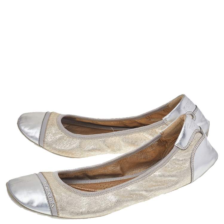 Pre Owned Prada Sport Gold/Silver Leather Scrunch Ballet Flats Size 39.5