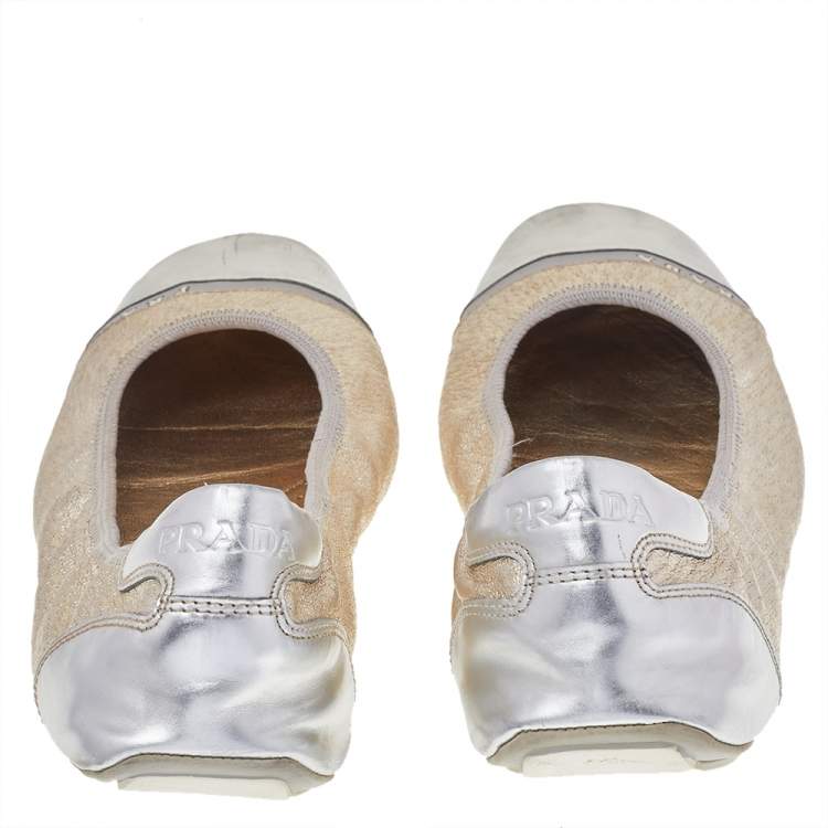 Pre Owned Prada Sport Gold/Silver Leather Scrunch Ballet Flats Size 39.5