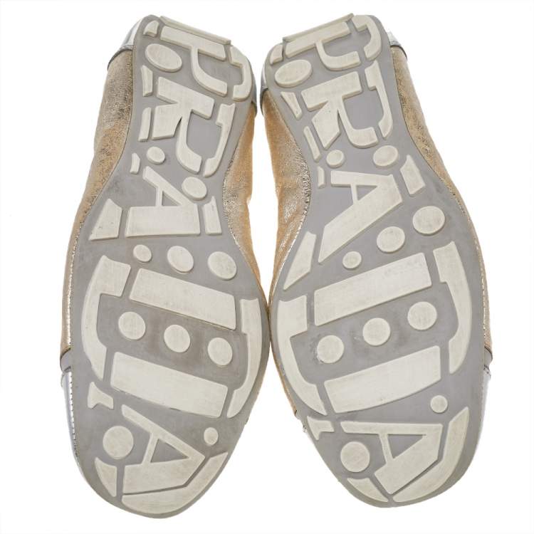 Pre Owned Prada Sport Gold/Silver Leather Scrunch Ballet Flats Size 39.5