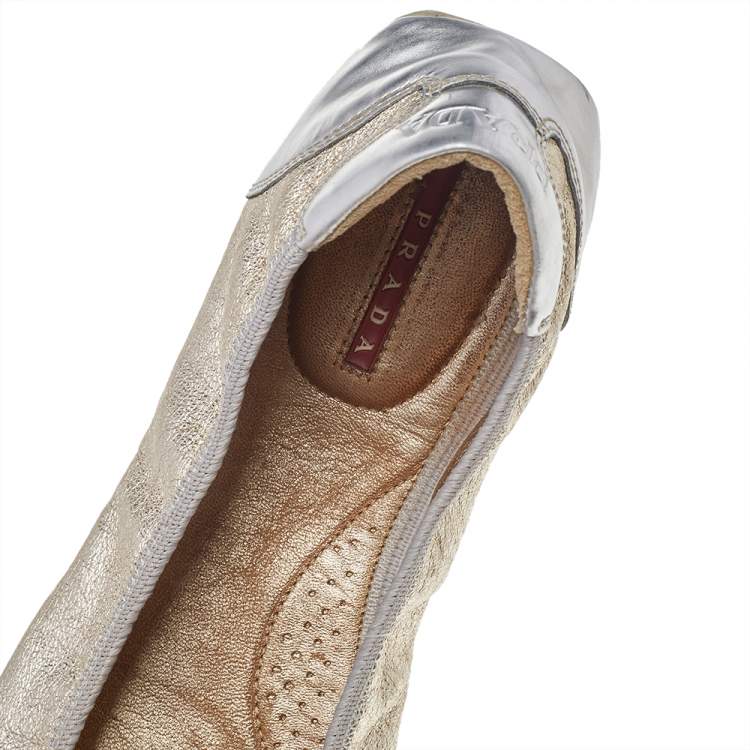 Pre Owned Prada Sport Gold/Silver Leather Scrunch Ballet Flats Size 39.5