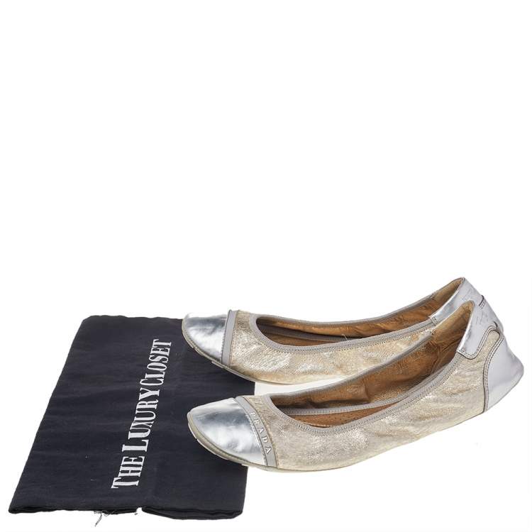 Pre Owned Prada Sport Gold/Silver Leather Scrunch Ballet Flats Size 39.5