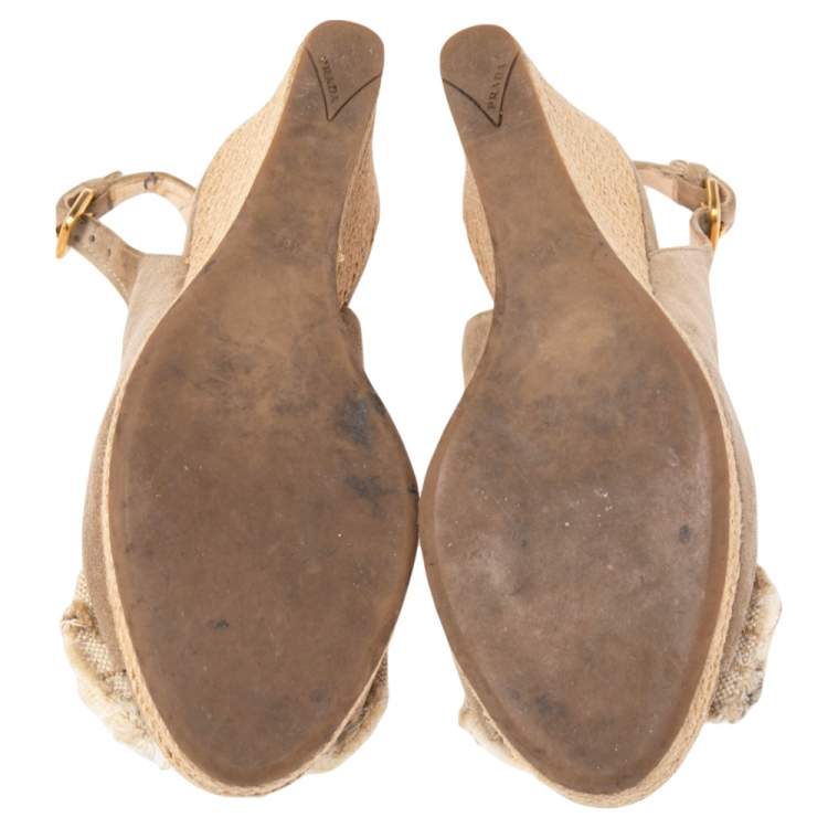 Pre Owned Prada Sport Beige Suede and Canvas Bow Peep Toe Espadrille Wedge Sandals Size 38.5