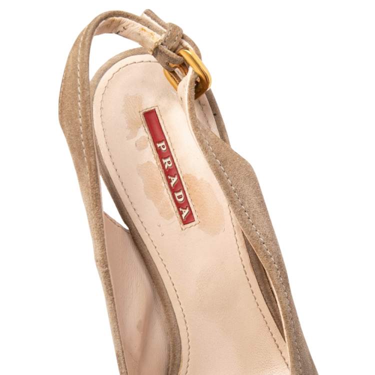 Pre Owned Prada Sport Beige Suede and Canvas Bow Peep Toe Espadrille Wedge Sandals Size 38.5