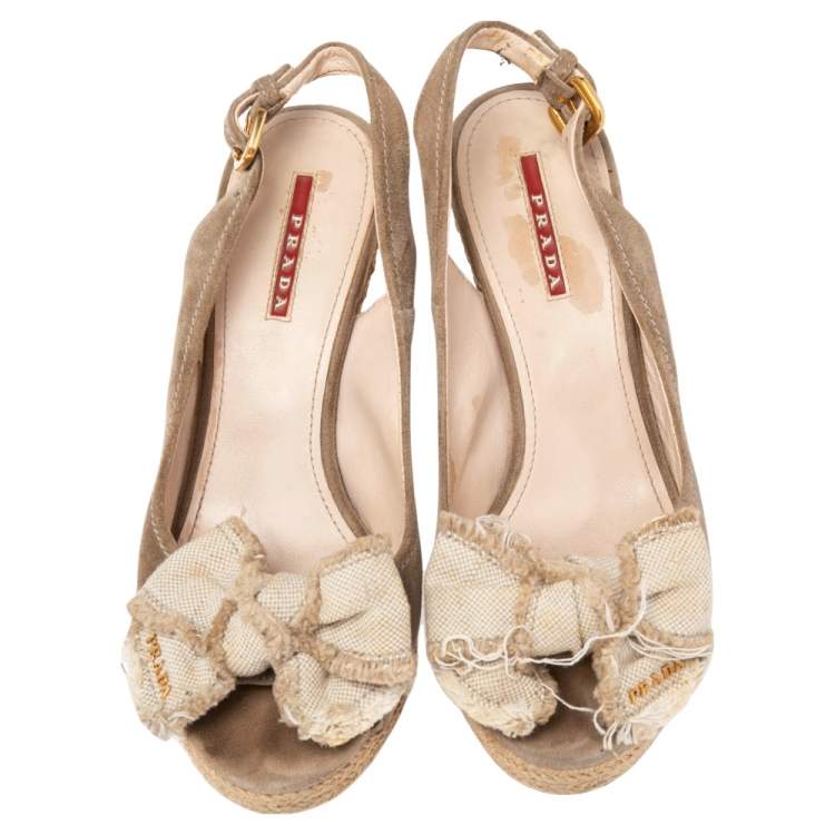 Pre Owned Prada Sport Beige Suede and Canvas Bow Peep Toe Espadrille Wedge Sandals Size 38.5