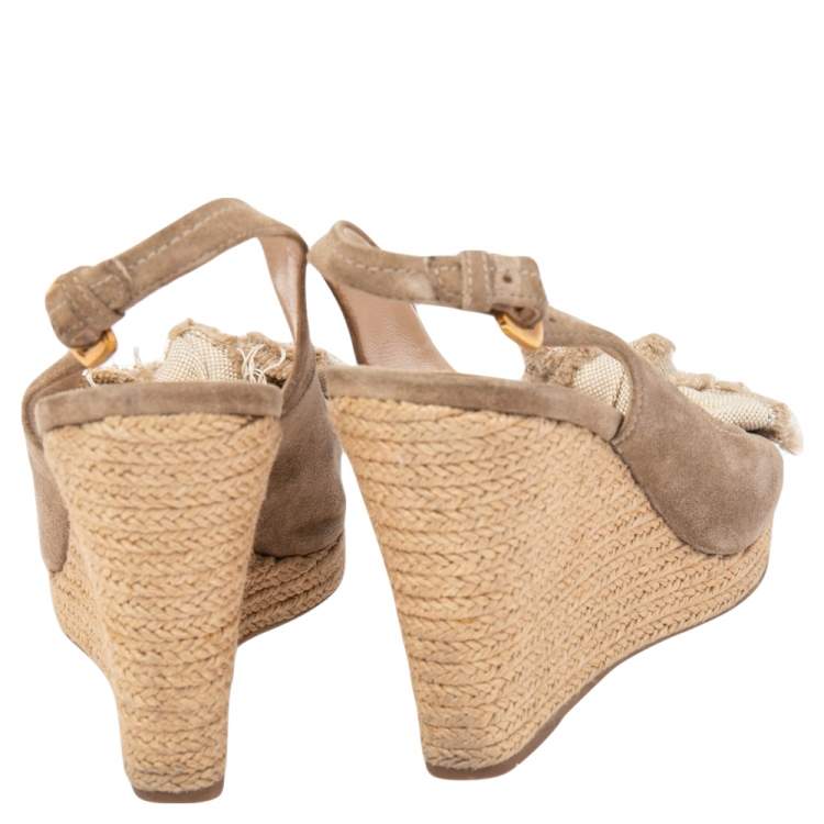 Pre Owned Prada Sport Beige Suede and Canvas Bow Peep Toe Espadrille Wedge Sandals Size 38.5
