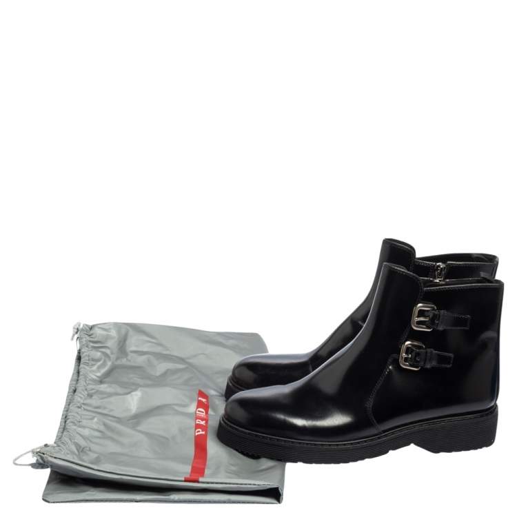 Pre Owned Prada Sport Black Glossy Leather Ankle Length Boots Size 40