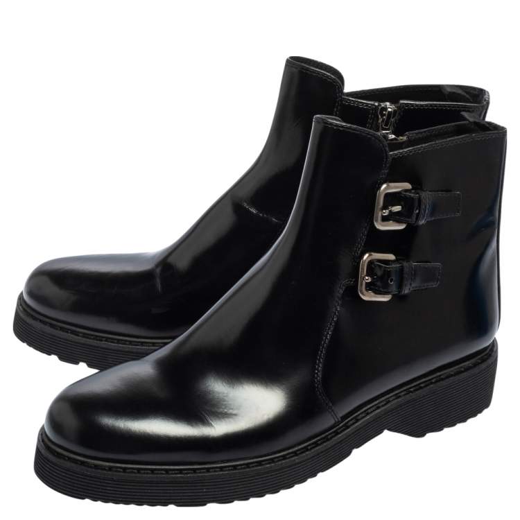Pre Owned Prada Sport Black Glossy Leather Ankle Length Boots Size 40