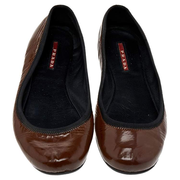 Pre Owned Prada Sport Brown Patent Leather Ballet Flats Size 38