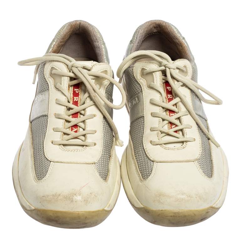 Pre Owned Prada Sport Grey/Silver Leather And Mesh Low Top Sneakers Size 38.5