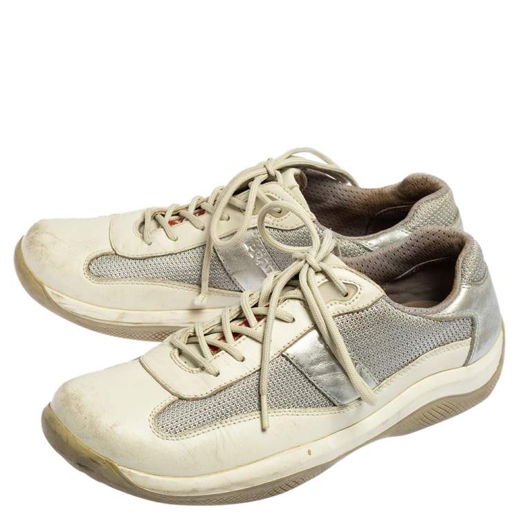 Pre Owned Prada Sport Grey/Silver Leather And Mesh Low Top Sneakers Size 38.5