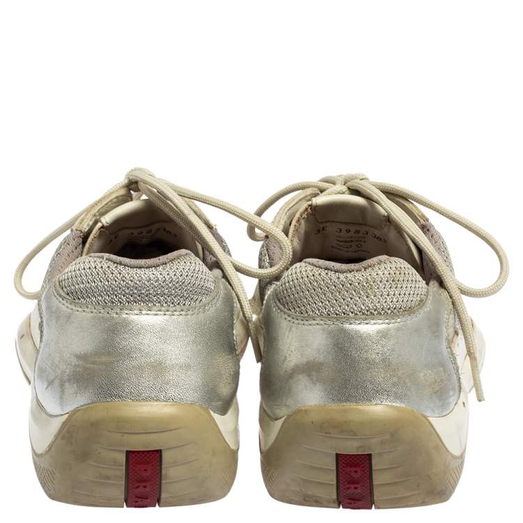 Pre Owned Prada Sport Grey/Silver Leather And Mesh Low Top Sneakers Size 38.5