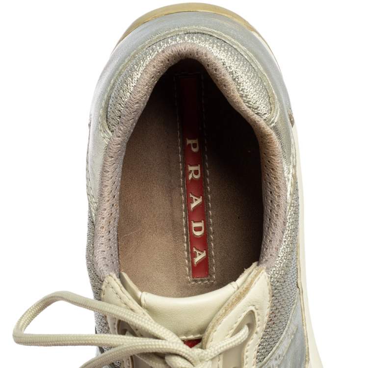 Pre Owned Prada Sport Grey/Silver Leather And Mesh Low Top Sneakers Size 38.5