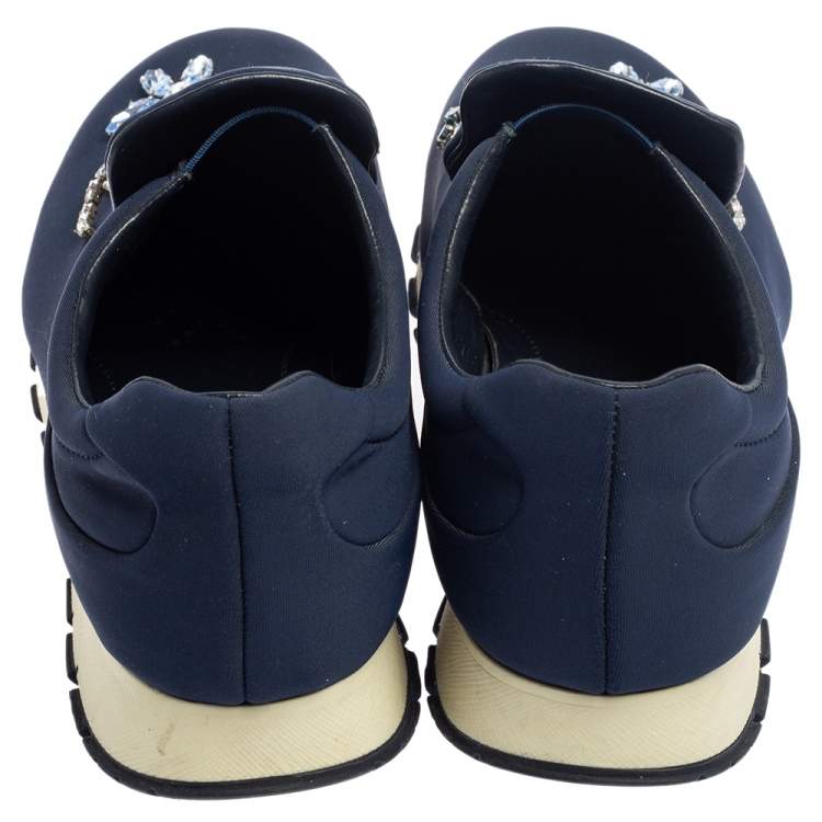 Pre Owned Prada Blue Nylon Catch Me If You Can Crystal Embellished Slip On Sneakers Size 36.5