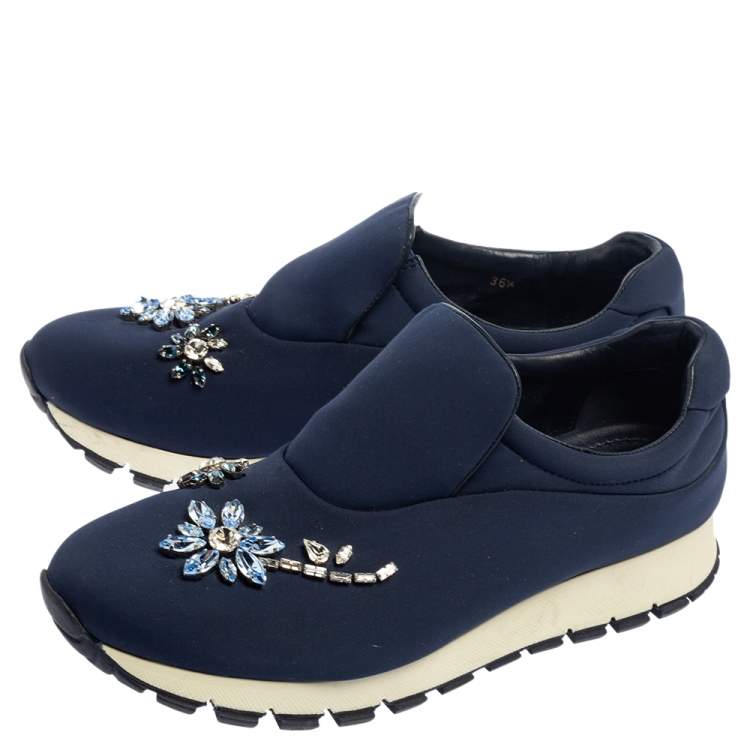 Pre Owned Prada Blue Nylon Catch Me If You Can Crystal Embellished Slip On Sneakers Size 36.5
