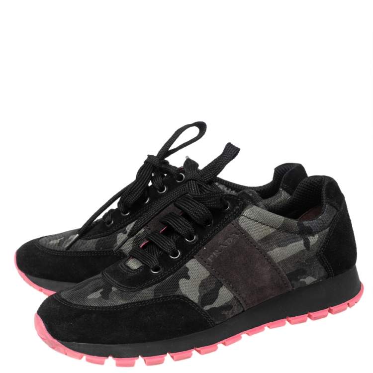 Pre Owned Prada Sport Black Camouflage Nylon And Suede Low Top Sneakers Size 38