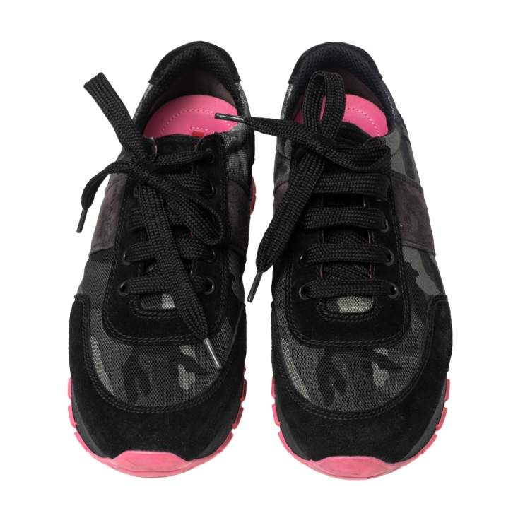 Pre Owned Prada Sport Black Camouflage Nylon And Suede Low Top Sneakers Size 38