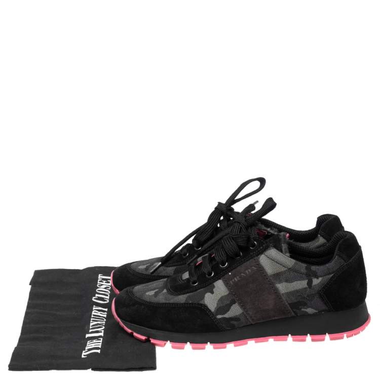 Pre Owned Prada Sport Black Camouflage Nylon And Suede Low Top Sneakers Size 38