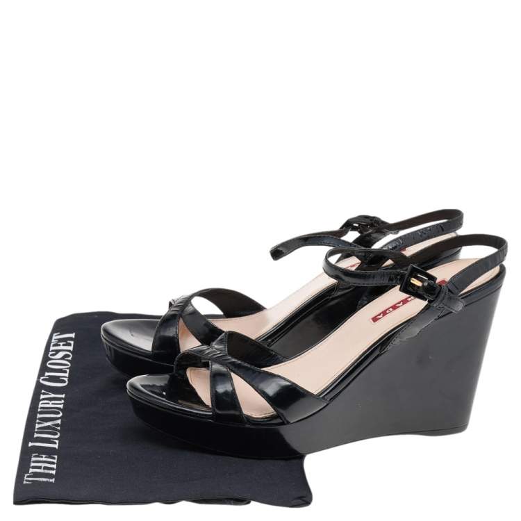 Pre Owned Prada Sport Black Patent Leather Wedge Platform Ankle Strap Sandals Size 38