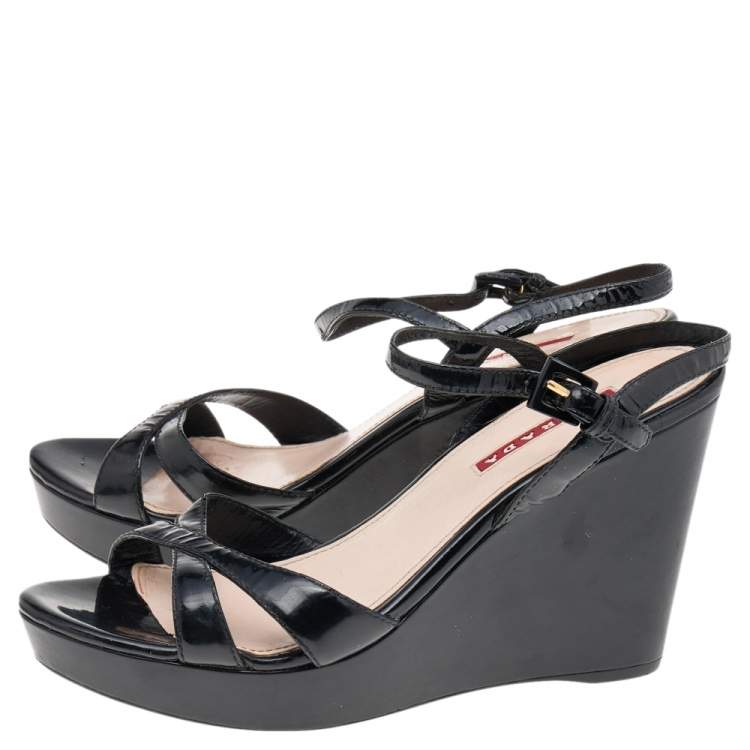 Pre Owned Prada Sport Black Patent Leather Wedge Platform Ankle Strap Sandals Size 38