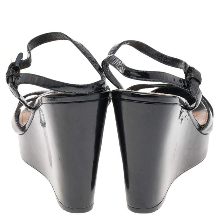 Pre Owned Prada Sport Black Patent Leather Wedge Platform Ankle Strap Sandals Size 38