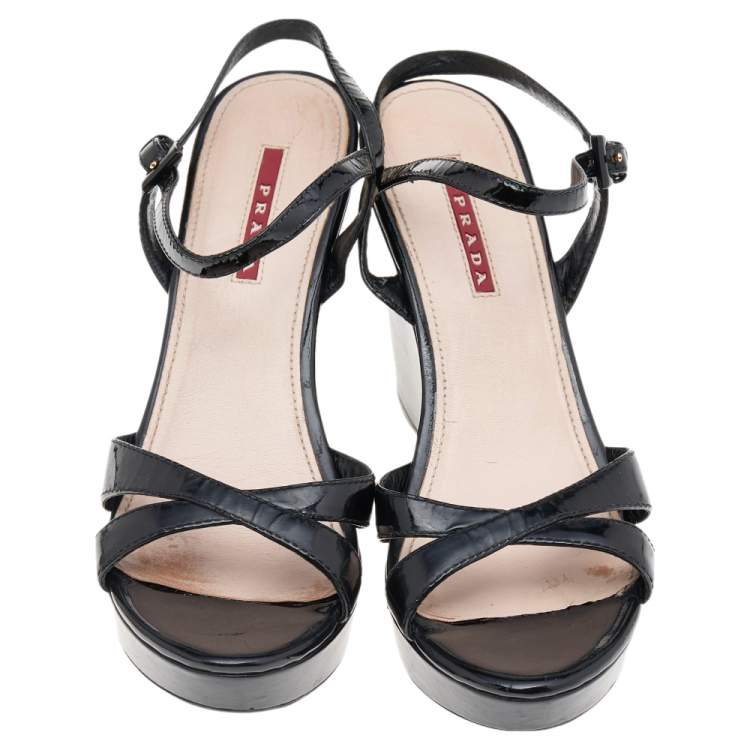 Pre Owned Prada Sport Black Patent Leather Wedge Platform Ankle Strap Sandals Size 38