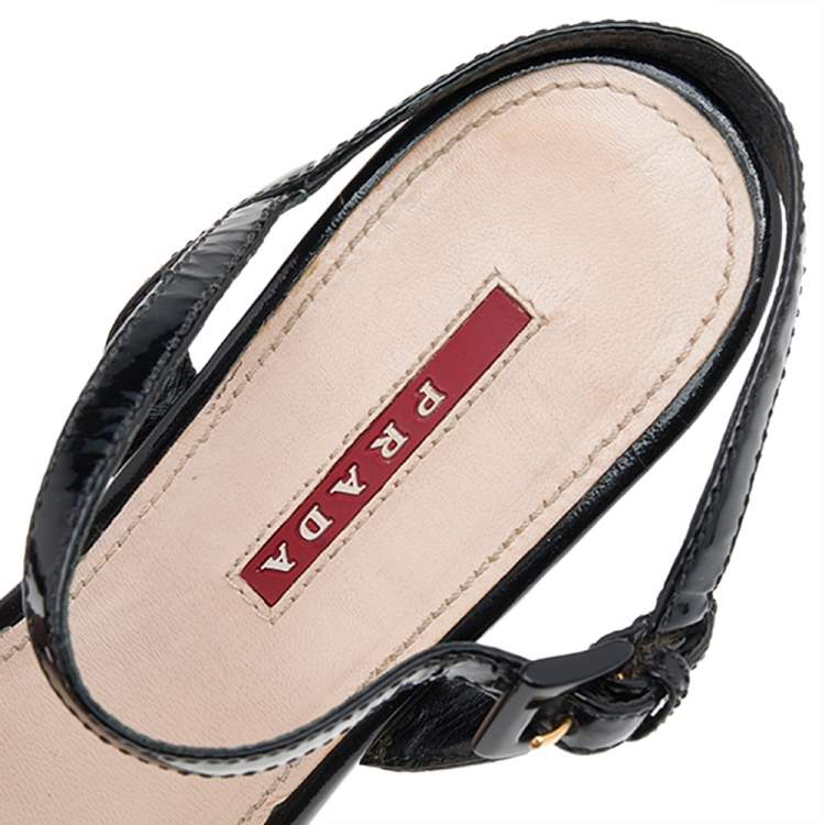 Pre Owned Prada Sport Black Patent Leather Wedge Platform Ankle Strap Sandals Size 38