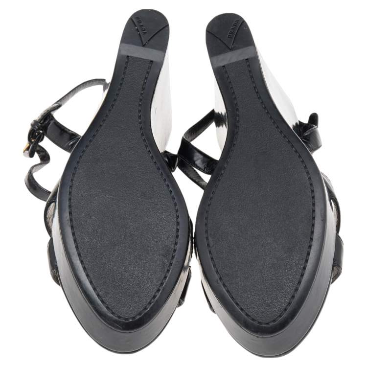 Pre Owned Prada Sport Black Patent Leather Wedge Platform Ankle Strap Sandals Size 38