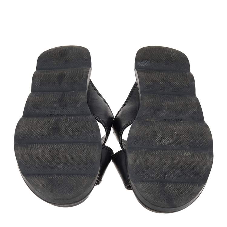 Pre Owned Prada Sport Black Leather Criss Cross Flat Slides Size 38